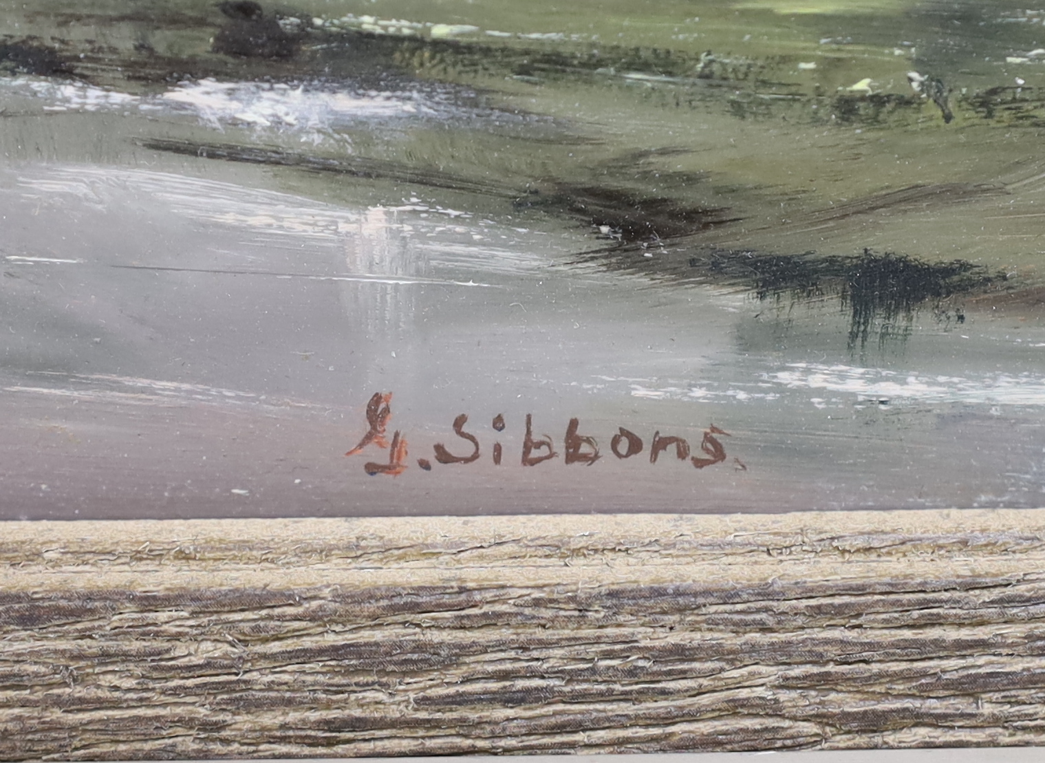 Gudrun Sibbons (b.1925), oil on board, River landscape with angler, signed, 29 x 39cm